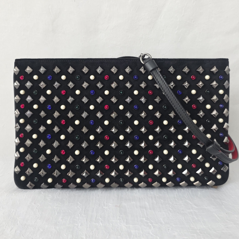 AuthChristian Louboutin Triloubi Suede Studded Crossbody/Clutch Bag